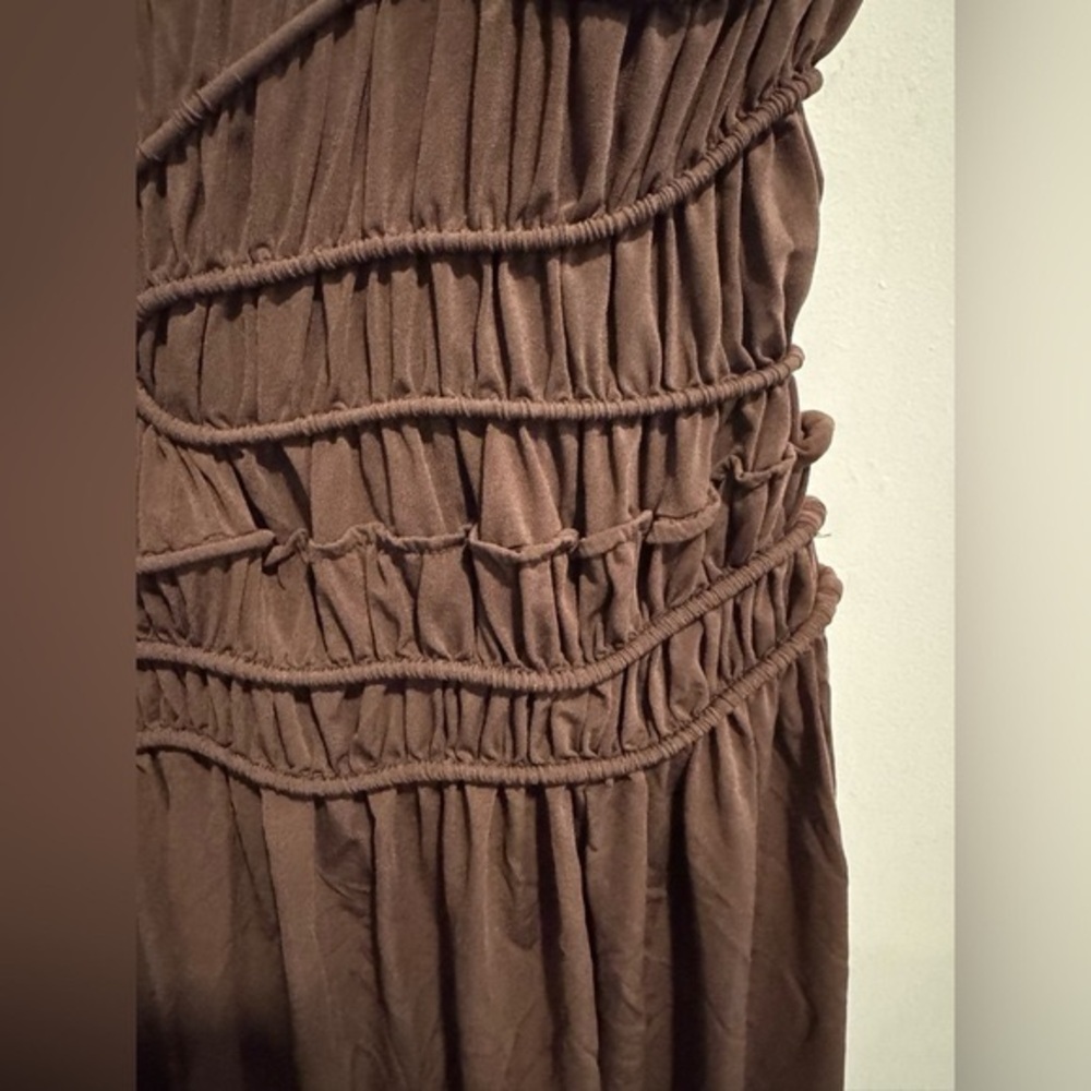 Vintage BCBGMaxAzria grecian smocked brown mini dress flared fitted flowy US2 - Picture 4 of 5